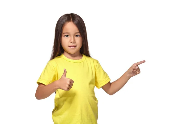 Girl Yellow Shirt Shows Her Hands Thumbs Isolated White Background — ストック写真