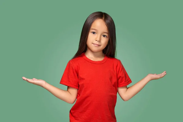 Surprised Child Girl Spread Arms Isolated Green Background — ストック写真