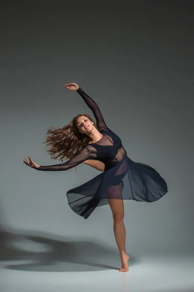 Dancing Woman Black Dress Contemporary Modern Dance Gray Background Fitness — Stockfoto