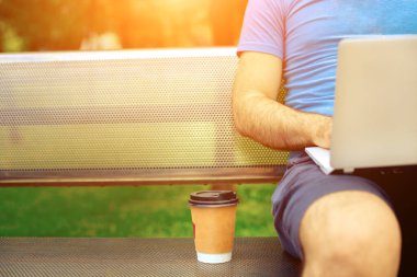 Freelance work.Casual dressed man sitting at wooden beanch inside garden working on computer.. Sun flare