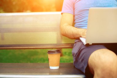 Freelance work.Casual dressed man sitting at wooden beanch inside garden working on computer.. Sun flare