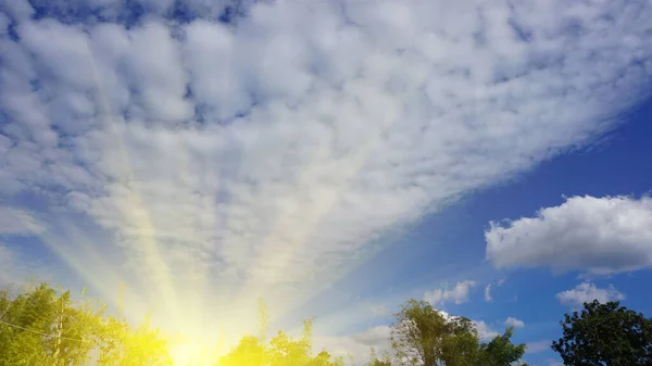 Μπλε Ουρανός Λευκά Σύννεφα Χρυσό Φως Του Ήλιου Πράσινες Κορυφές — Φωτογραφία Αρχείου