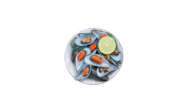 Mussels with Lime Sauce Seafood High Iron Low Calorie Weight Loss Isolated on White Background with Clipping Path.