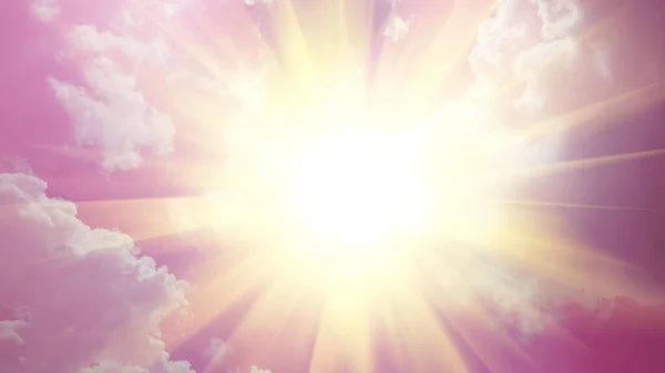 Pembe gökyüzü, doğal beyaz bulutlu pastel bir gökyüzü. Arkaplanda parlak altın güneş ışığı ya da illüstrasyon için..