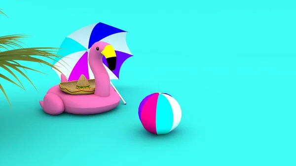 Plaj şemsiyeli ve toplu pembe flamingo