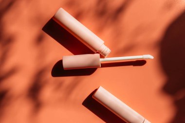 Dudak parlatıcısı için pembe temiz makyaj fırçası, açık bir tüpün yanında sıvı ruj, kapalı kozmetik tüpleri, maskara, gölgeli pembe göz kalemi. Boşluğu kopyala