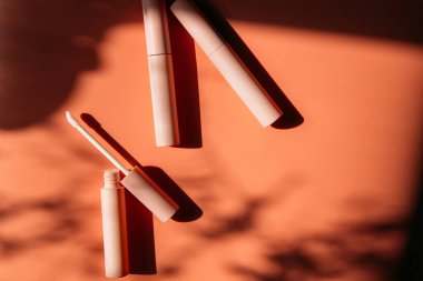 Dudak parlatıcısı için pembe temiz makyaj fırçası, açık bir tüpün yanında sıvı ruj, kapalı kozmetik tüpleri, maskara, gölgeli pembe göz kalemi. Boşluğu kopyala