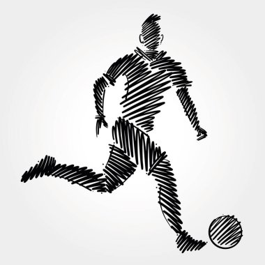 Erkek futbolcunun çizimi, çizim stili fırça darbelerinden yapılan topa hükmediyor.
