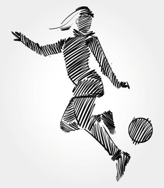 Kadın futbolcunun çizimleri, çizim stili fırça darbelerinden oluşan topa hükmediyor.