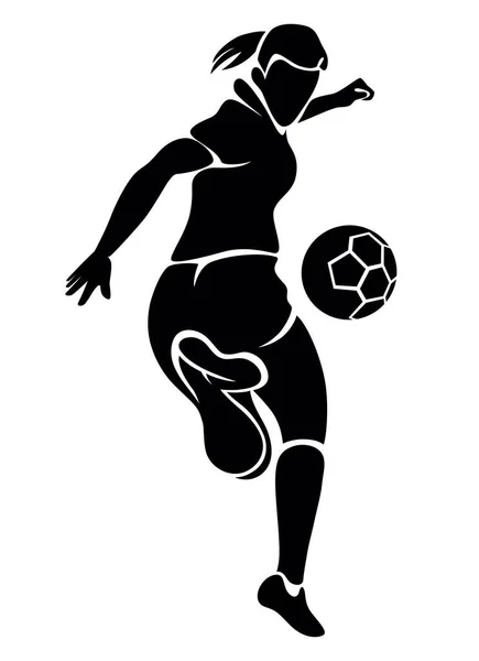 Topa hükmeden bir bayan futbolcunun siyah beyaz silueti.
