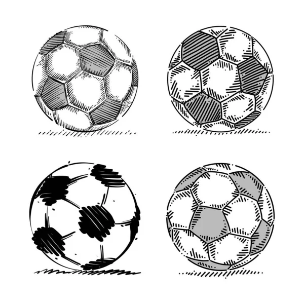 Cuatro Pelotas Fútbol Diferentes Estilos Negro Gris Sobre Fondo Blanco — Archivo Imágenes Vectoriales