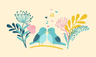 Çiçeklerin arasında dalda oturan birbirine aşık iki kuşun renkli romantik çizimi. Güzel kartpostal.