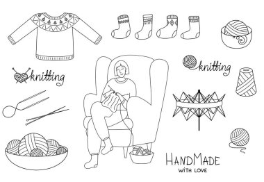 Örgü örgüsü hazır. Koltukta örgü ören kadınlar, örgü aletleri ve logolar..