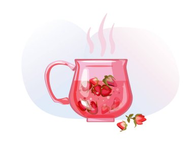 Cup with strawberry tea. Time o clock.