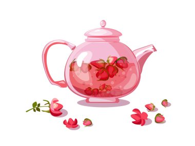 Gül goncası çaylı çaydanlık. Vakit geldi. Çay dükkanı, mola, kafe bar, çay aşığı, çay partisi. İçecek konsepti. Reklam, poster, afiş, broşür, kafe menüsü