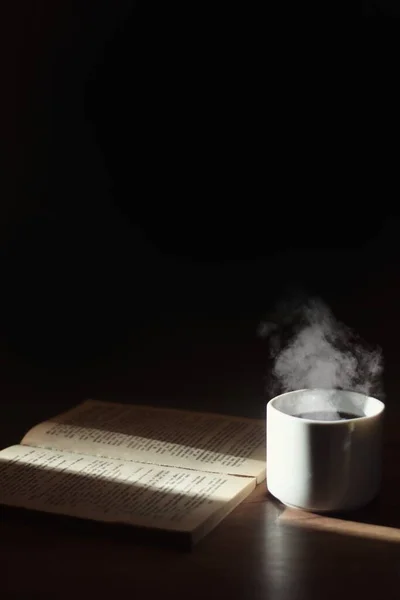 Dark Photo Book Table Open Ray Sunlight Illuminates Her Pages — Stockfoto