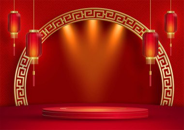 2022 yılında Çin 'in mutlu yeni yılı için podyum sahnesi tarzı kırmızı kağıt üzerinde resim, el işi ve Asyalı unsurlarla renklendirilmiş arka plan (Çince çevirisi: mutlu yeni yıl 2022, kaplan yılı)