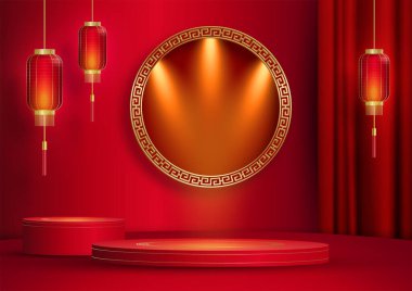 2022 yılında Çin 'in mutlu yeni yılı için podyum sahnesi tarzı kırmızı kağıt üzerinde resim, el işi ve Asyalı unsurlarla renklendirilmiş arka plan (Çince çevirisi: mutlu yeni yıl 2022, kaplan yılı)