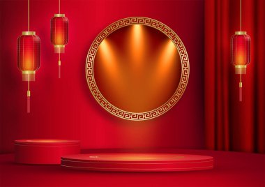 2022 yılında Çin 'in mutlu yeni yılı için podyum sahnesi tarzı kırmızı kağıt üzerinde resim, el işi ve Asyalı unsurlarla renklendirilmiş arka plan (Çince çevirisi: mutlu yeni yıl 2022, kaplan yılı)