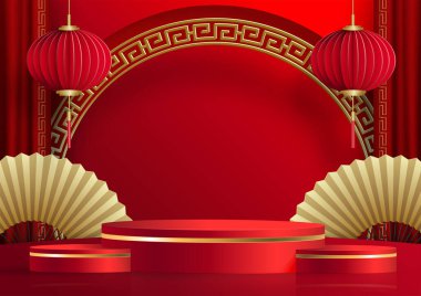 2022 yılında Çin 'in mutlu yeni yılı için podyum sahnesi tarzı kırmızı kağıt üzerinde resim, el işi ve Asyalı unsurlarla renklendirilmiş arka plan (Çince çevirisi: mutlu yeni yıl 2022, kaplan yılı)