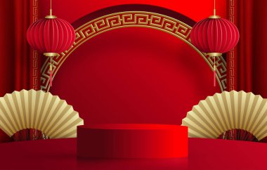 2022 yılında Çin 'in mutlu yeni yılı için podyum sahnesi tarzı kırmızı kağıt üzerinde resim, el işi ve Asyalı unsurlarla renklendirilmiş arka plan (Çince çevirisi: mutlu yeni yıl 2022, kaplan yılı)