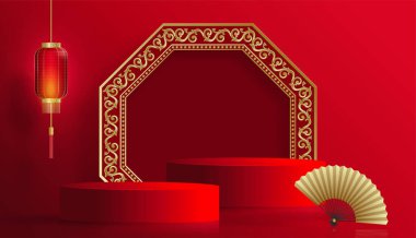 2022 yılında Çin 'in mutlu yeni yılı için podyum sahnesi tarzı kırmızı kağıt üzerinde resim, el işi ve Asyalı unsurlarla renklendirilmiş arka plan (Çince çevirisi: mutlu yeni yıl 2022, kaplan yılı)