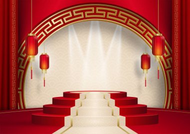 2022 yılında Çin 'in mutlu yeni yılı için podyum sahnesi tarzı kırmızı kağıt üzerinde resim, el işi ve Asyalı unsurlarla renklendirilmiş arka plan (Çince çevirisi: mutlu yeni yıl 2022, kaplan yılı)