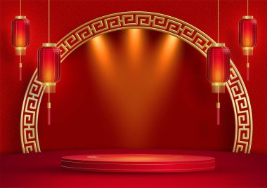 2022 yılında Çin 'in mutlu yeni yılı için podyum sahnesi tarzı kırmızı kağıt üzerinde resim, el işi ve Asyalı unsurlarla renklendirilmiş arka plan (Çince çevirisi: mutlu yeni yıl 2022, kaplan yılı)