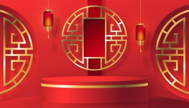 2022 yılında Çin 'in mutlu yeni yılı için podyum sahnesi tarzı kırmızı kağıt üzerinde resim, el işi ve Asyalı unsurlarla renklendirilmiş arka plan (Çince çevirisi: mutlu yeni yıl 2022, kaplan yılı)