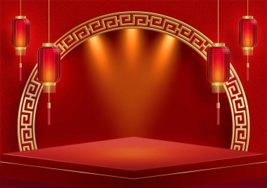 2022 yılında Çin 'in mutlu yeni yılı için podyum sahnesi tarzı kırmızı kağıt üzerinde resim, el işi ve Asyalı unsurlarla renklendirilmiş arka plan (Çince çevirisi: mutlu yeni yıl 2022, kaplan yılı)