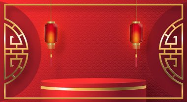 2022 yılında Çin 'in mutlu yeni yılı için podyum sahnesi tarzı kırmızı kağıt üzerinde resim, el işi ve Asyalı unsurlarla renklendirilmiş arka plan (Çince çevirisi: mutlu yeni yıl 2022, kaplan yılı)