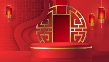 2022 yılında Çin 'in mutlu yeni yılı için podyum sahnesi tarzı kırmızı kağıt üzerinde resim, el işi ve Asyalı unsurlarla renklendirilmiş arka plan (Çince çevirisi: mutlu yeni yıl 2022, kaplan yılı)