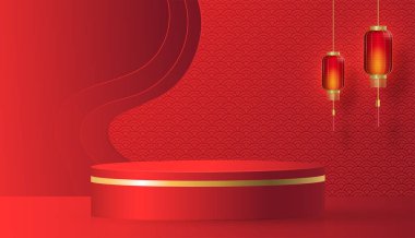 2022 yılında Çin 'in mutlu yeni yılı için podyum sahnesi tarzı kırmızı kağıt üzerinde resim, el işi ve Asyalı unsurlarla renklendirilmiş arka plan (Çince çevirisi: mutlu yeni yıl 2022, kaplan yılı)