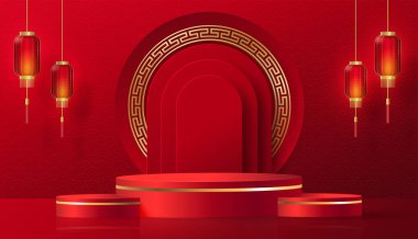 2022 yılında Çin 'in mutlu yeni yılı için podyum sahnesi tarzı kırmızı kağıt üzerinde resim, el işi ve Asyalı unsurlarla renklendirilmiş arka plan (Çince çevirisi: mutlu yeni yıl 2022, kaplan yılı)