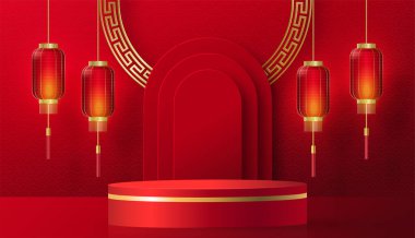 Podium round stage chinese style for happy chinese new year 2022 on red paper cut art and craft and color backgroung with asian elements (Chinese Translation : happy new year 2022, year of the tiger) clipart