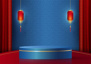 Çinliler için Çin usulü podyum sahnesi. Kırmızı kağıt üzerinde yeni yıl sanatı, zanaatı ve Asyalı unsurlarla renklendirilmiş arka plan..