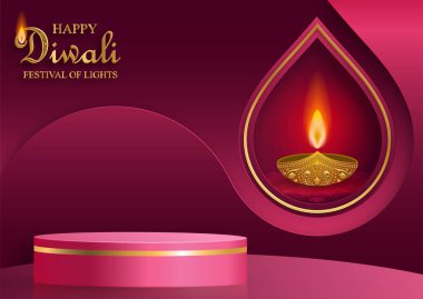 Diwali, Deepavali ya da Dipavali için podyum yuvarlak sahne tarzı, Diya lambalı Hint festivali, renk arkaplanlı ateş ışığı ve oryantal nesneler