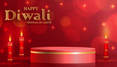 Diwali, Deepavali ya da Dipavali için podyum yuvarlak sahne tarzı, Diya lambalı Hint festivali, renk arkaplanlı ateş ışığı ve oryantal nesneler