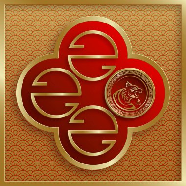 Mutlu Çin Yeni Yılı 2022, Tiger Zodiac tabelası, tebrik kartı, el ilanı, poster için arka planda sanat ve zanaat stili bulunan altın kaplan kesimi tabelalı (Çince çevirisi: mutlu yeni yıl 2022, kaplan yılı)