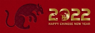Mutlu Çin Yeni Yılı 2022, Tiger Zodiac tabelası, tebrik kartı, el ilanı, poster için arka planda sanat ve zanaat stili bulunan altın kaplan kesimi tabelalı (Çince çevirisi: mutlu yeni yıl 2022, kaplan yılı)