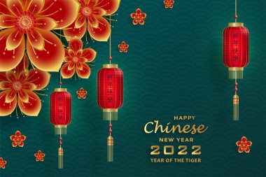 Mutlu Çin Yeni Yılı 2022, Tiger Zodiac tabelası, tebrik kartı, el ilanı, poster için arka planda sanat ve zanaat stili bulunan altın kaplan kesimi tabelalı (Çince çevirisi: mutlu yeni yıl 2022, kaplan yılı)