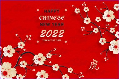 Mutlu Çin Yeni Yılı 2022, Tiger Zodiac tabelası, tebrik kartı, el ilanı, poster için arka planda sanat ve zanaat stili bulunan altın kaplan kesimi tabelalı (Çince çevirisi: mutlu yeni yıl 2022, kaplan yılı)