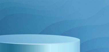 Güzel ve yaratıcı sembolleri olan yuvarlak podyum sahnesi. Mavi ve altın renkli arka plan kesimi. Kozmetik marka tasarımı ve reklamcılığı için..