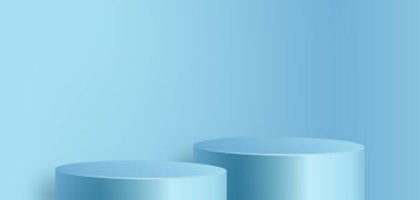 Güzel ve yaratıcı sembolleri olan yuvarlak podyum sahnesi. Mavi ve altın renkli arka plan kesimi. Kozmetik marka tasarımı ve reklamcılığı için..