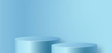 Güzel ve yaratıcı sembolleri olan yuvarlak podyum sahnesi. Mavi ve altın renkli arka plan kesimi. Kozmetik marka tasarımı ve reklamcılığı için..