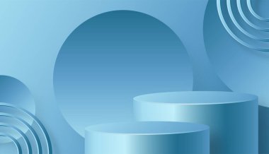 Güzel ve yaratıcı sembolleri olan yuvarlak podyum sahnesi. Mavi ve altın renkli arka plan kesimi. Kozmetik marka tasarımı ve reklamcılığı için..