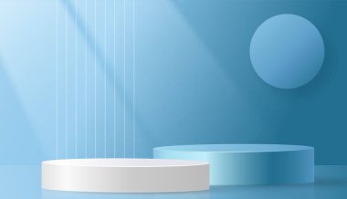 Güzel ve yaratıcı sembolleri olan yuvarlak podyum sahnesi. Mavi ve altın renkli arka plan kesimi. Kozmetik marka tasarımı ve reklamcılığı için..