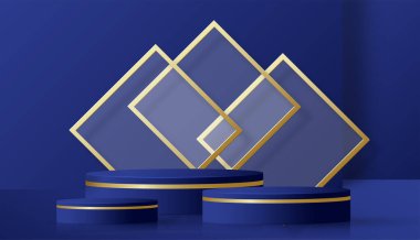 Güzel ve yaratıcı sembolleri olan yuvarlak podyum sahnesi. Mavi ve altın renkli arka plan kesimi. Kozmetik marka tasarımı ve reklamcılığı için..