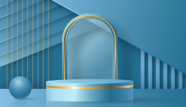 Güzel ve yaratıcı sembolleri olan yuvarlak podyum sahnesi. Mavi ve altın renkli arka plan kesimi. Kozmetik marka tasarımı ve reklamcılığı için..