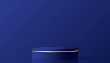 Güzel ve yaratıcı sembolleri olan yuvarlak podyum sahnesi. Mavi ve altın renkli arka plan kesimi. Kozmetik marka tasarımı ve reklamcılığı için..